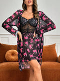 SHEIN Allover Floral Print Contrast Lace Cami Nightdress & Robe