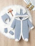 SHEIN Baby Boys' Hooded Long-Eared Jumpsuit With Hat And Gloves Set