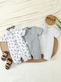 SHEIN Baby Boy's Stylish Casual Striped Print Romper Set Of 3 For Spring/Summer