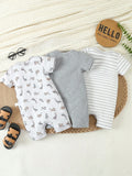 SHEIN Baby Boy's Stylish Casual Striped Print Romper Set Of 3 For Spring/Summer