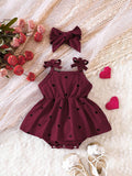 SHEIN Baby Girl Heart Print Bow Shoulder Cami Combo Bodysuit Dress & Headband