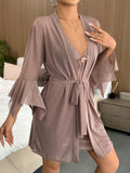 SHEIN Contrast Lace Flounce Sleeve Bow Front Mesh Robe & Cami Dress PJ Set
