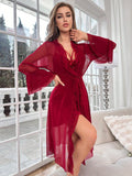 SHEIN Contrast Lace Flounce Sleeve Mesh Robe & Cami Dress PJ Set