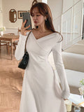 DAZY Solid Color V Neck Long Sleeve Dress