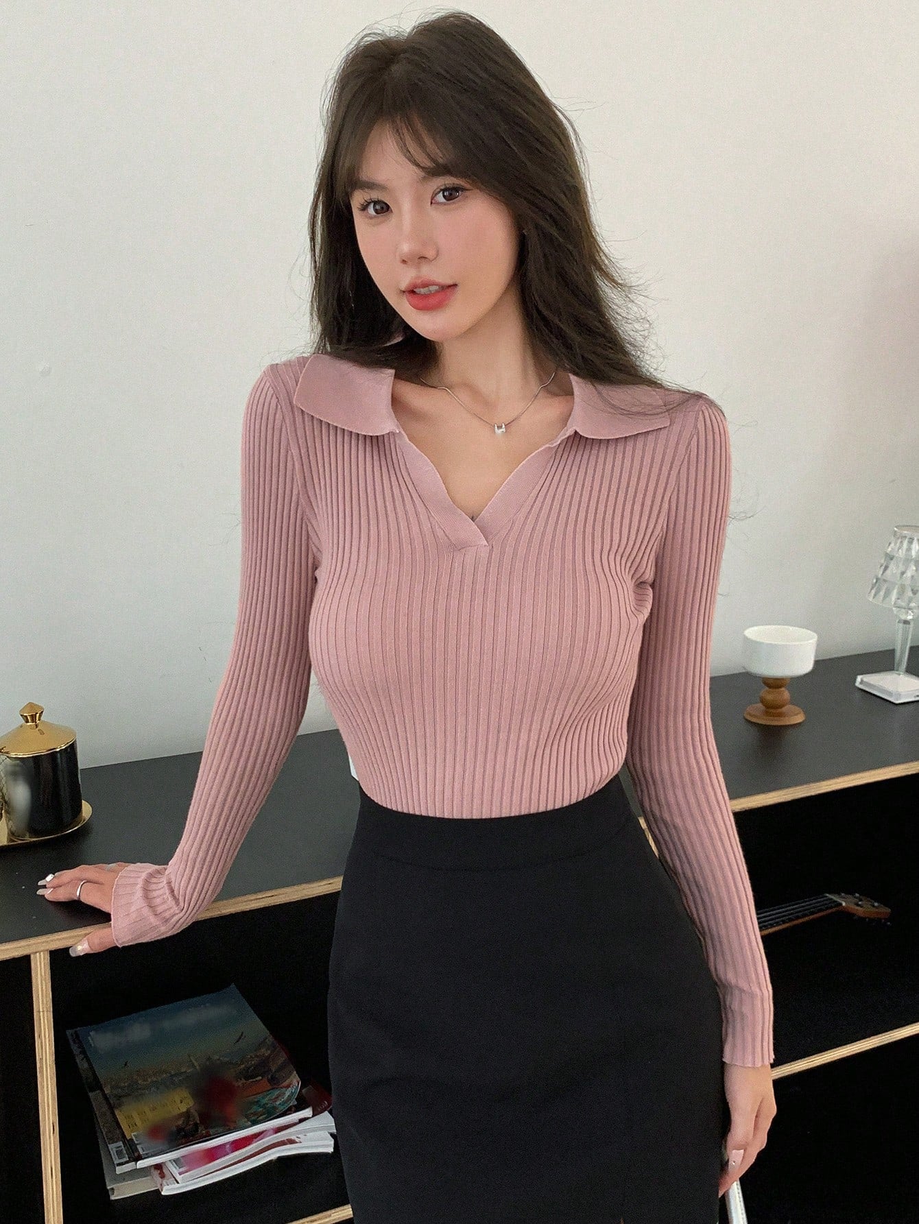 SHEIN DAZY Solid Ribbed Knit Sweater