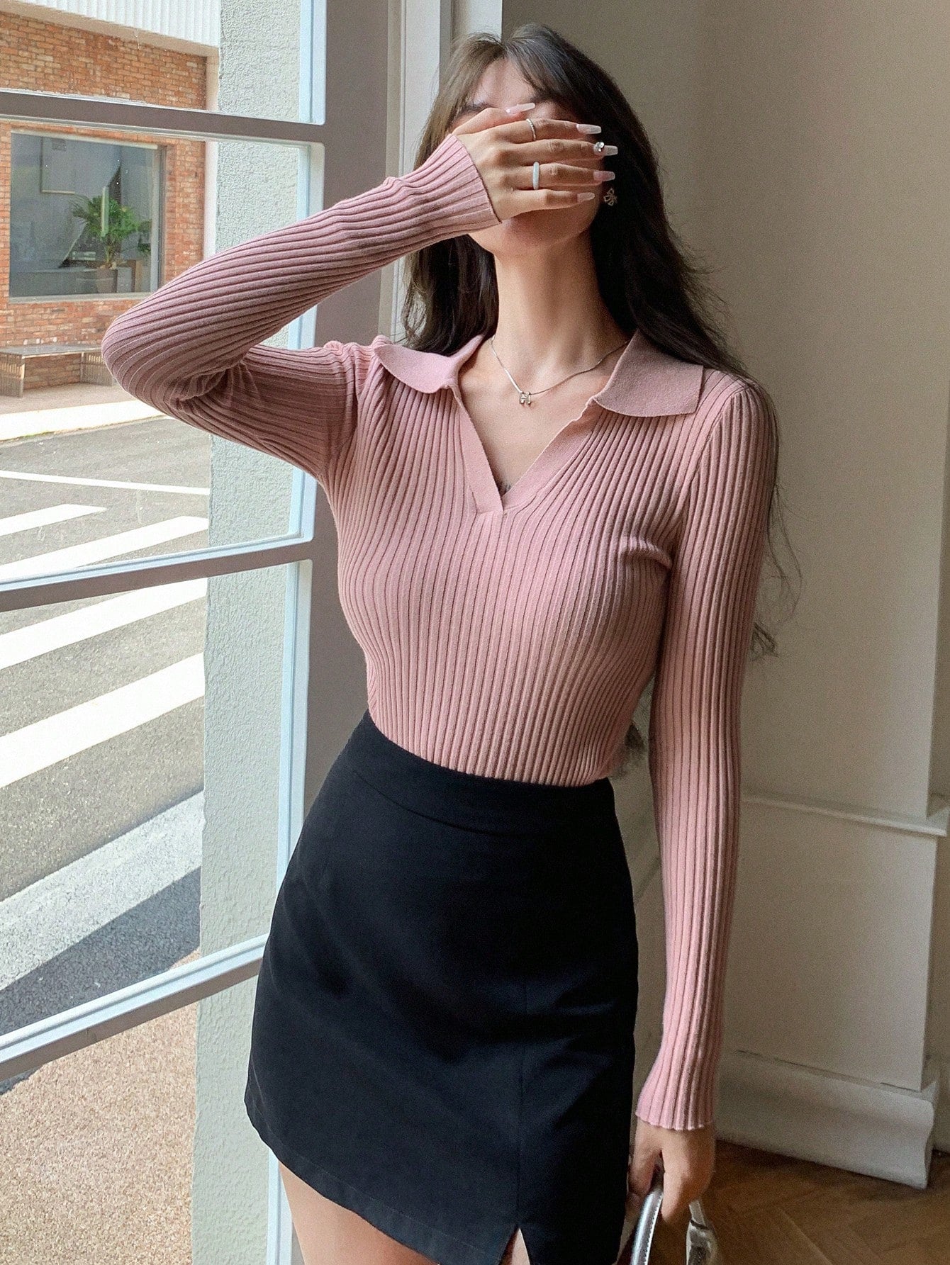 SHEIN DAZY Solid Ribbed Knit Sweater
