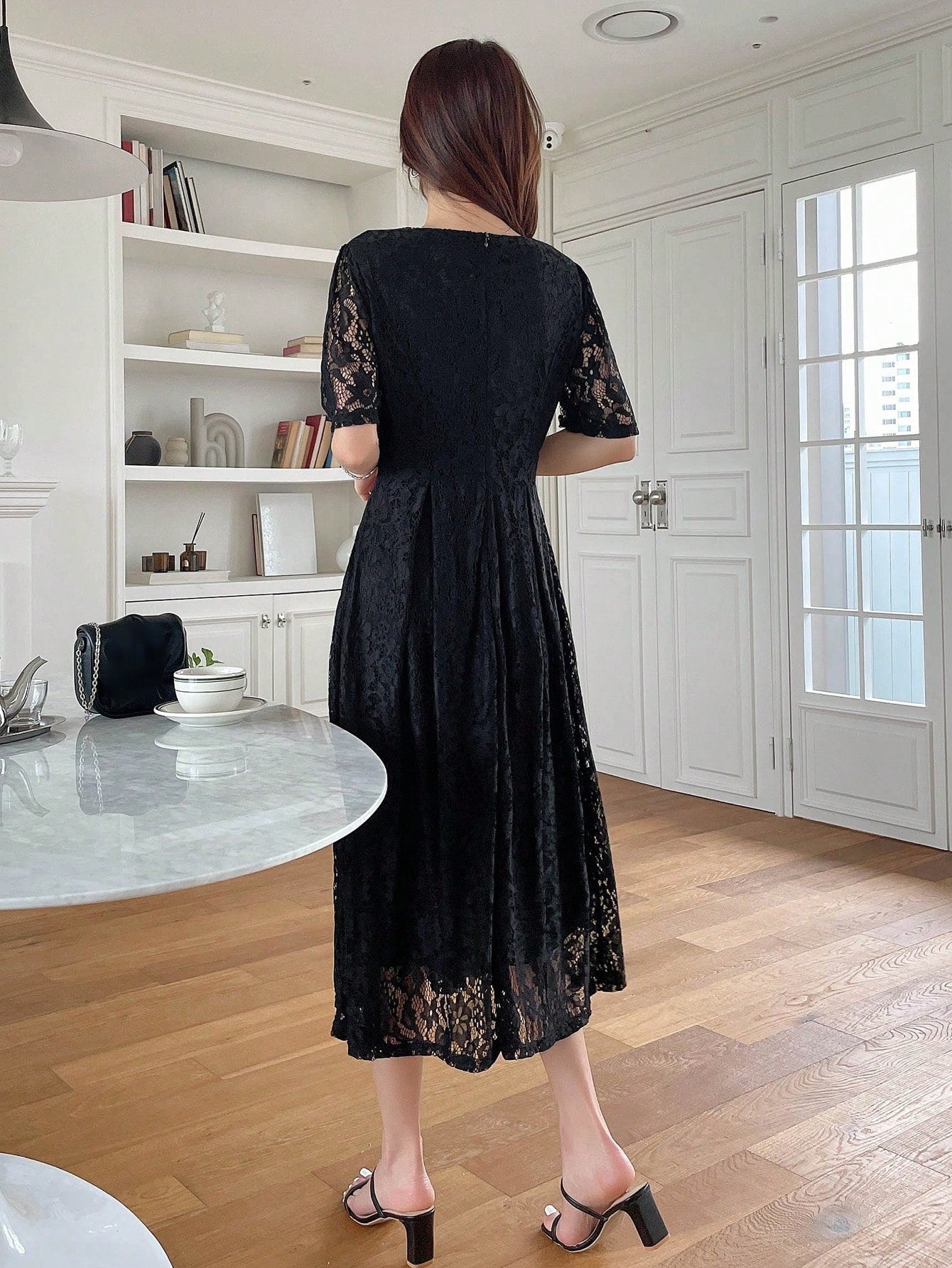 SHEIN DAZY Square Neck Puff Sleeve Lace Overlay Dress