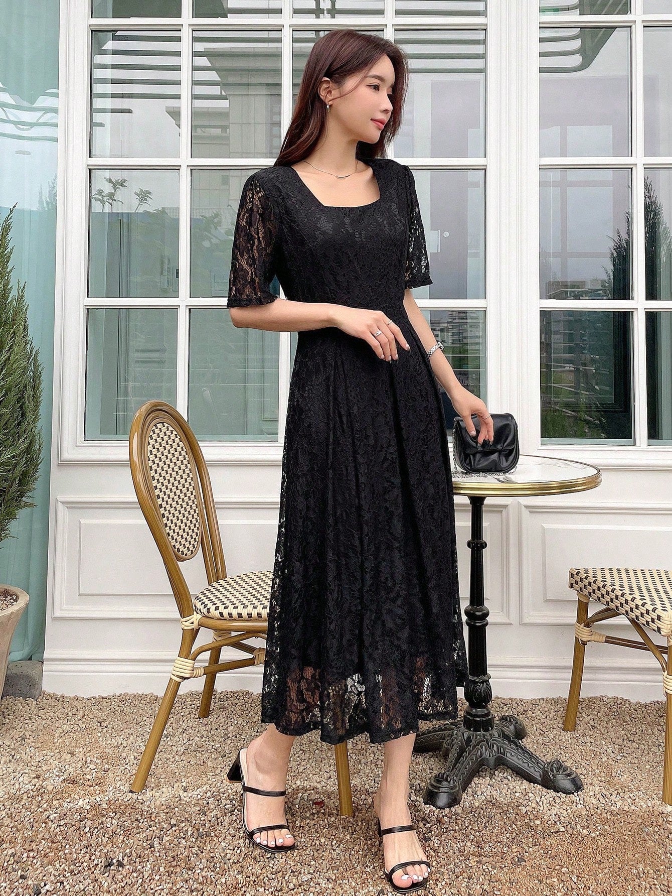 SHEIN DAZY Square Neck Puff Sleeve Lace Overlay Dress