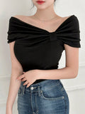 SHEIN DAZY Women's Solid Color Asymmetric Collar & Pleated T-Shirt