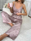 SHEIN Floral Jacquard Contrast Lace Satin Cami Top & Pants PJ Set