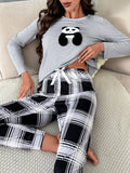 SHEIN Panda Embroidery Tee & Plaid Print Pants PJ Set