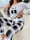 SHEIN Panda Embroidery Tee & Plaid Print Pants PJ Set