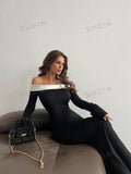 SHEIN Aloruh Contrast Off Shoulder Bell Sleeve Bodycon Long Black Dress With Sleeves