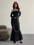 SHEIN Aloruh Contrast Off Shoulder Bell Sleeve Bodycon Long Black Dress With Sleeves