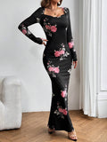 SHEIN Aloruh Women's Floral Print Cowl Collar Long Dress