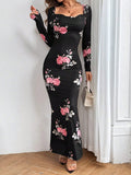 SHEIN Aloruh Women's Floral Print Cowl Collar Long Dress