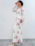 SHEIN Aloruh Women's Floral Printed Long Sleeve Mermaid Hem Dress