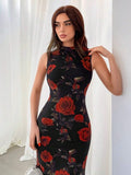  | SHEIN Aloruh Women's Romantic Rose Pattern Knitted Black Maxi Dress | Dress | Shein | OneHub