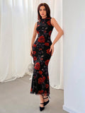 SHEIN Aloruh Women's Romantic Rose Pattern Knitted Black Maxi Dress