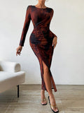 SHEIN BAE Allover Print Ruched Split Thigh Dress