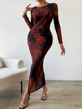 SHEIN BAE Allover Print Ruched Split Thigh Dress