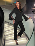 SHEIN BAE Contrast Lace Flounce Sleeve Blazer & Trousers