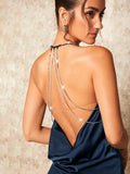 SHEIN BAE Draped Collar Rhinestone Chain Backless Split Thigh Satin Halter Dress