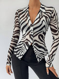 SHEIN BIZwear Zebra Striped Button Front Mesh Top Without Bra