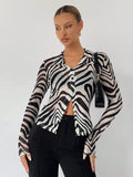 SHEIN BIZwear Zebra Striped Button Front Mesh Top Without Bra