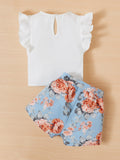 SHEIN Baby Ruffle Trim Keyhole Neck Tee & Floral Print Belted Shorts