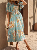 SHEIN Clasi Floral Print Butterfly Sleeve A-line Dress