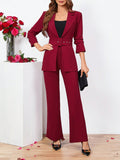 SHEIN Clasi Ladies Belted Three-quarter Sleeve Suit With Pleats