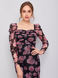 SHEIN Clasi Ruched Detail Gigot Sleeve Floral Mesh Dress
