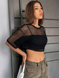 SHEIN Coolane Hollow Out Drop Shoulder Crop Mesh Top Without Cami Top