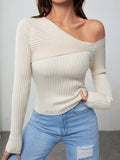 SHEIN EZwear Asymmetrical Neck Ribbed Knit Sweater
