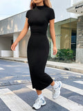  | SHEIN EZwear Summer Solid Blcak Mock Neck Short Sleeves Slit Bodycon Dress | Dress | Shein | OneHub
