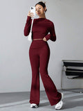 SHEIN EZwear Women's Pleated Slim Fit Top And Flared Pants Two Piece Set