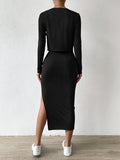 SHEIN Essnce Ribbed Knit Button Front Top & Split Thigh Bodycon Dress