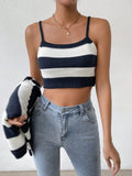 SHEIN Essnce Striped Pattern Drop Shoulder Open Front Cardigan & Cami Knit Top