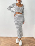 SHEIN Essnce Striped Print Notched Neck Crop Tee & Split Thigh Skirt