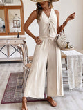 SHEIN Frenchy Linen Pleated Sleeveless Top + Side-Slit Wide Leg Long Pants Set