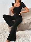 SHEIN Frenchy Solid Crop Tee & Flare Leg Pants