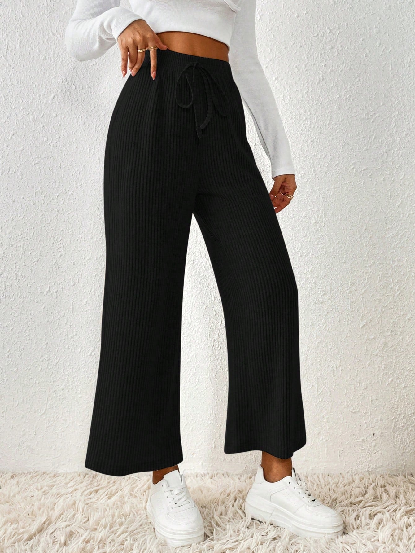 SHEIN Frenchy Solid Knot Waist Wide Leg Pants