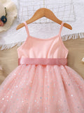 SHEIN Kids CHARMNG Young Girl Star Print Mesh Overlay Belted Cami Dress