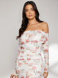 SHEIN Modely Allover Floral Print Off Shoulder Ruched Dress