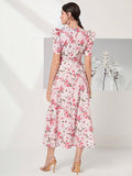 SHEIN Modely Allover Floral Print Puff Sleeve Belted Dress
