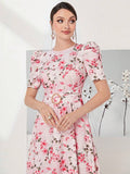 SHEIN Modely Allover Floral Print Puff Sleeve Belted Dress