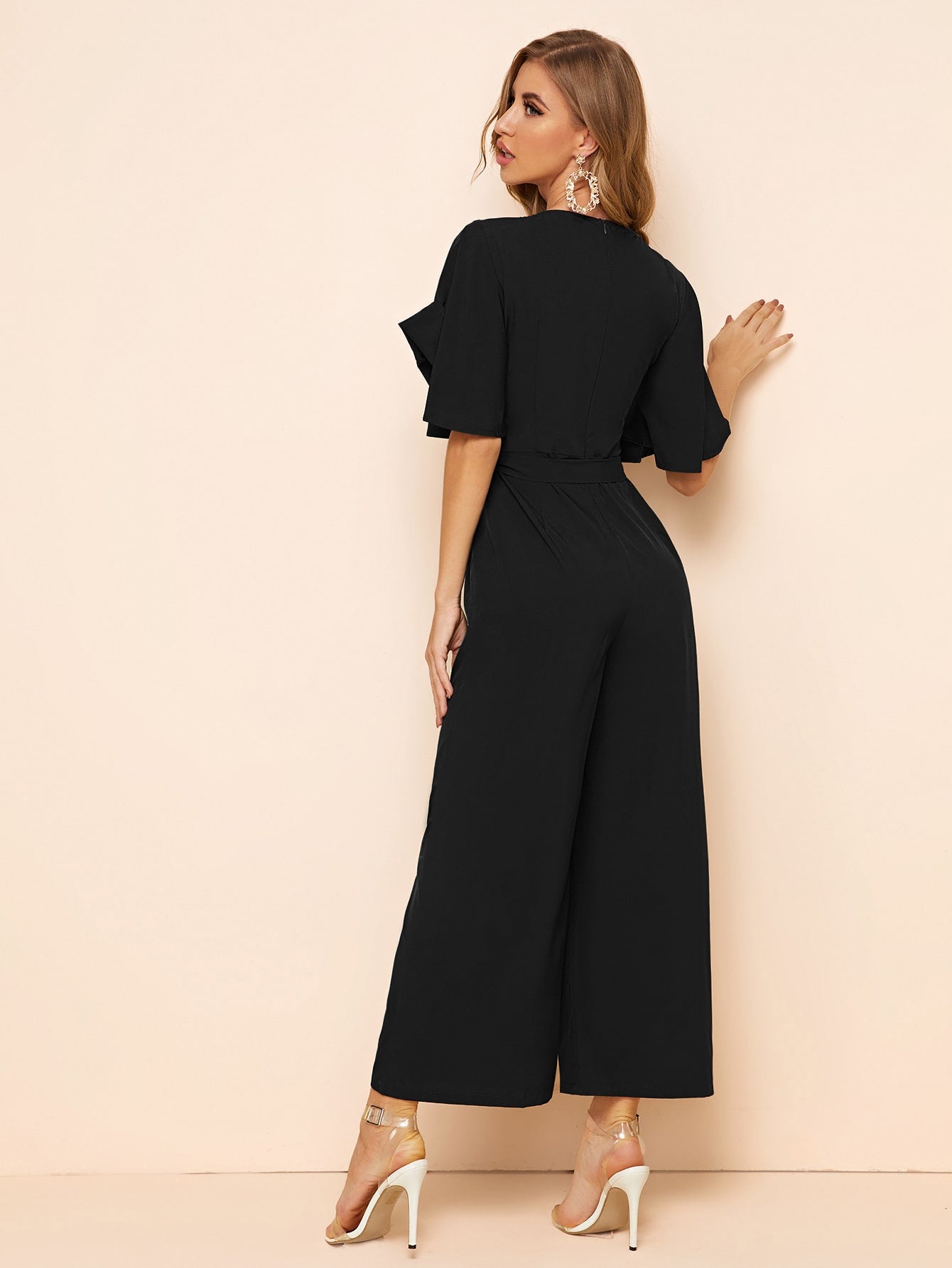 SHEIN Modely Embroidery Detail Belted Palazzo Jumpsuit