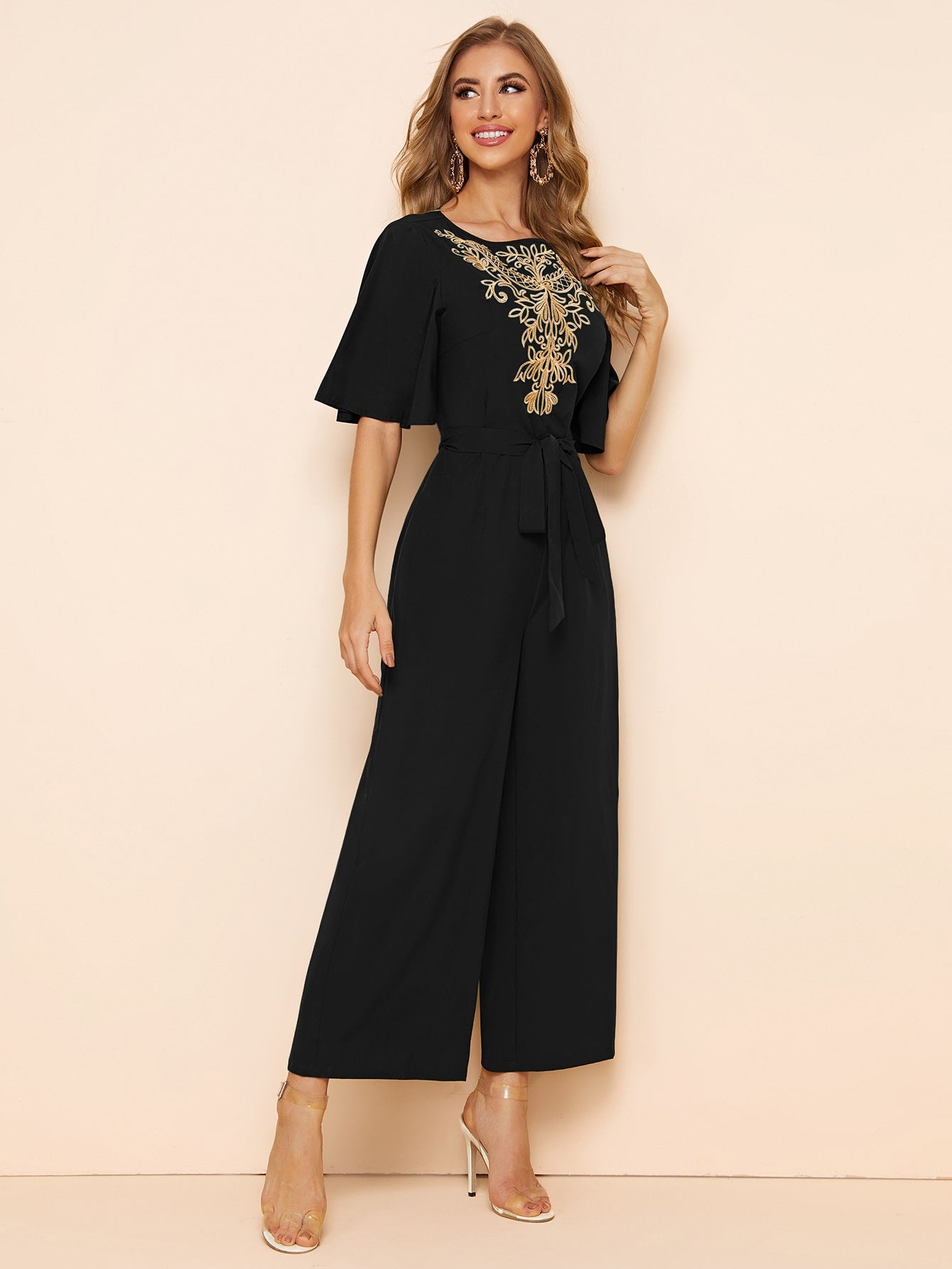 SHEIN Modely Embroidery Detail Belted Palazzo Jumpsuit