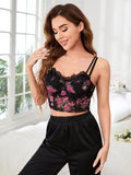 SHEIN Modely Floral Print Contrast Lace Bow Front Crop Mesh Cami Sleep Top